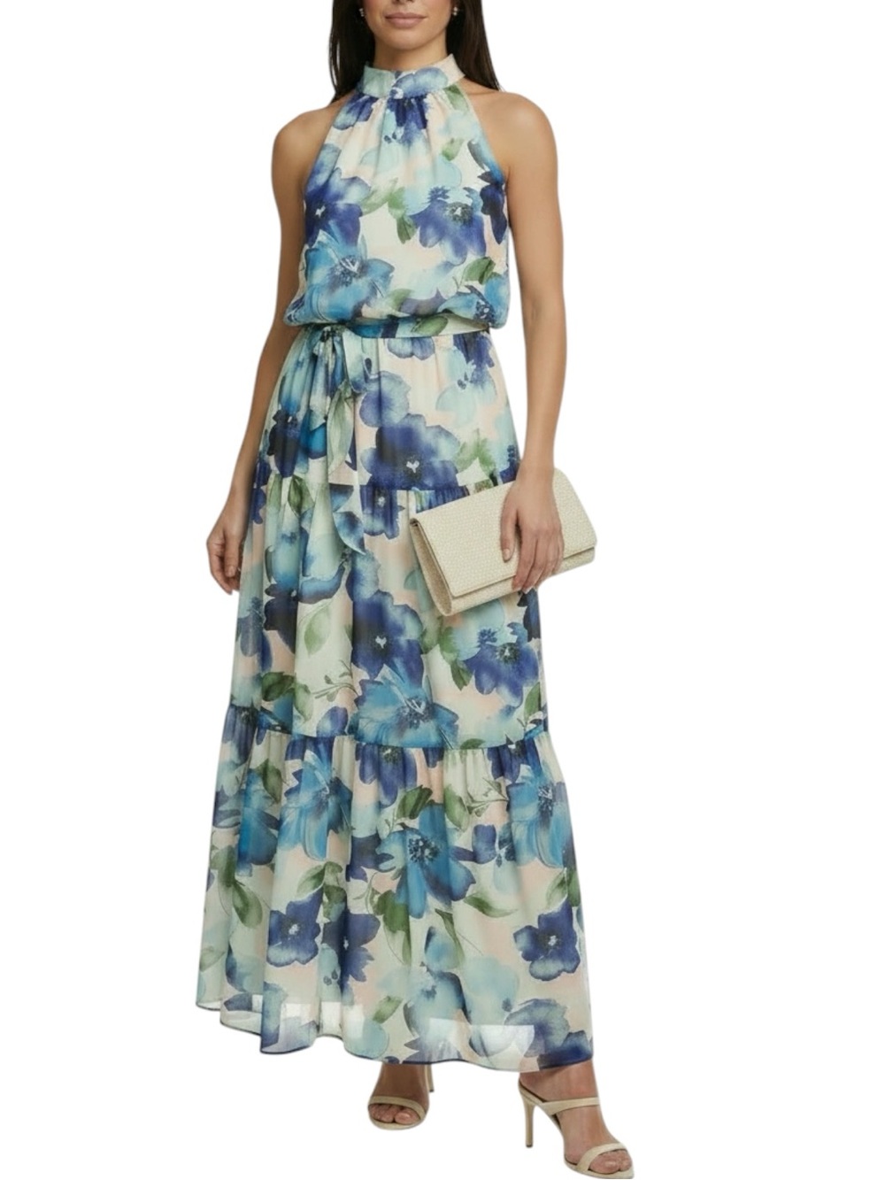 NWT JULIA JORDAN Floral Sleeveless Halter Neck Tiered Ruffle Maxi Dress Size 4
